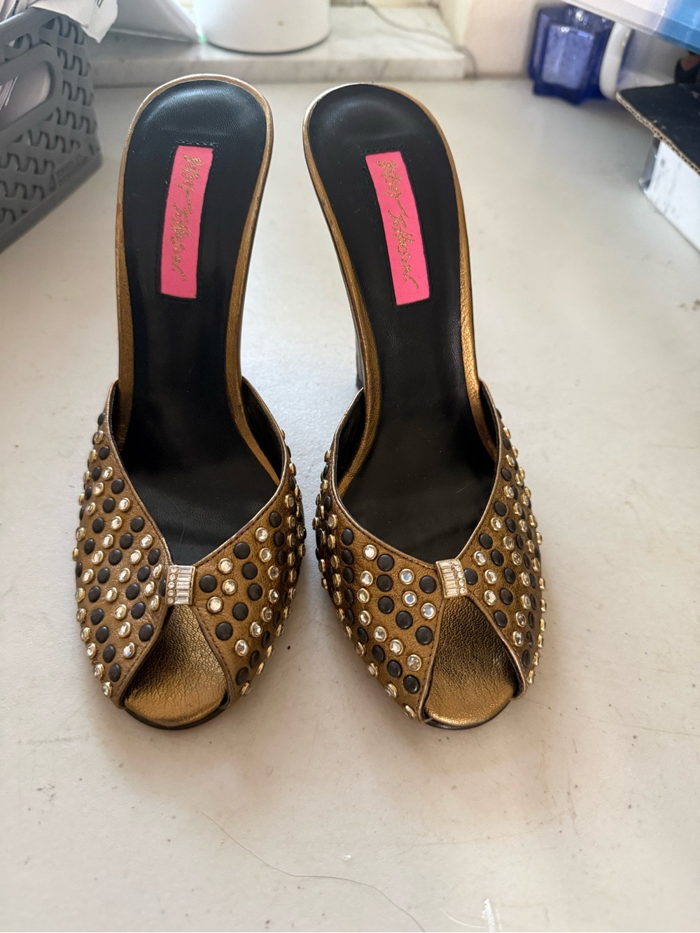 Betsey Johnson Metallic Gold Studded Open-Toe Mules